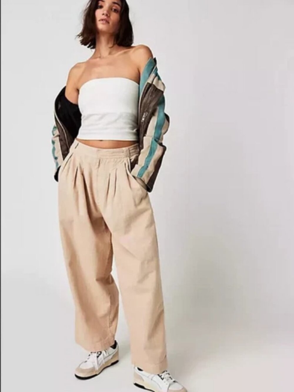 Free People Lotta Love Linen Trousers High-Rise Wide-Leg Smocked Pocket Pants XS